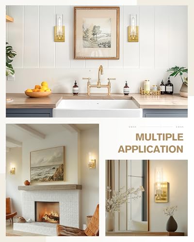 Image of Emak Wall Sconces Set of Two, Modern Brushed Gold Sconce with Clear Glass Shade, Bathroom Lighting Fixtures for Mirror, Living Room, Bedroom, Gallery, WS086-BGD-CG-2PK