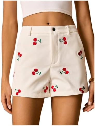 MakeMeChic Women's Cherry Shorts Straight Leg Summer Shorts with Pocket