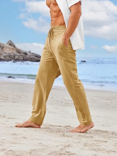 Image of PASLTER Mens Cotton Linen Pants Casual Summer Beach Pants Dress Trousers | Loose Fit, Elastic Drawstring Waist, Lightweight, Straight-Legs, Slacks, Yoga, Work, Vacation, Quick Dry