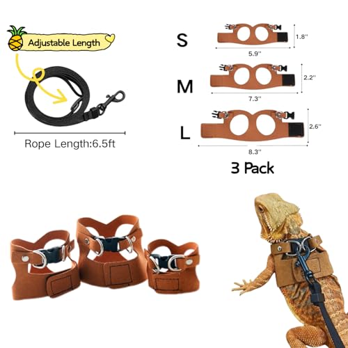 Image of Bearded Dragon Harness and Leash Set, Adjustable Harness Soft Leather-3 Sizes (S, M, L) with Leash, Lizard Reptile Traction Rope Walking Vest Accessories for Bearded Dragon, Iguana or Gecko (Brown)