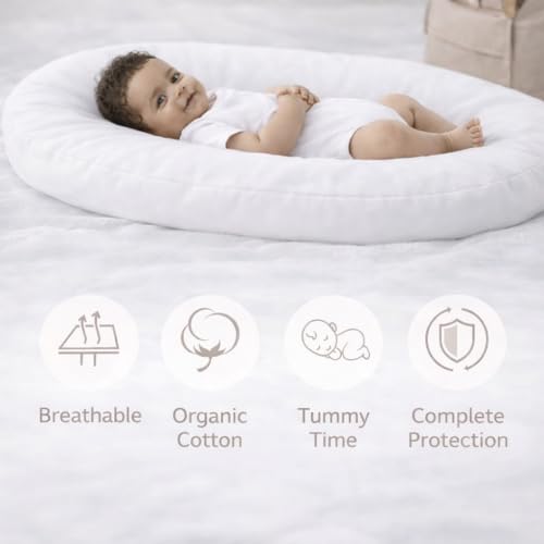 Image of Aila + Aiden Baby Lounger | Organic Cotton Infant Lounger | Adjustable & Portable Floor Lounger |Supervised Use | Soft, Breathable, Washable Cover - Snuggle Collection - (White)