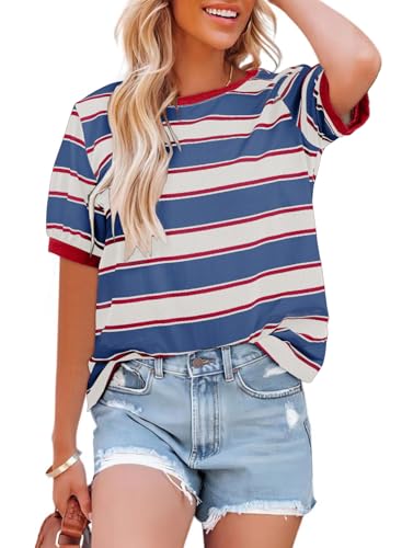 Dokotoo Tops for Women Trendy Fashion Clothing Summer Casual Short Sleeve T-Shirt Basic Tees Round Neck Striped Color Block Loose Soft Cotton T Shirts Business Work Ladies Top and Blouse Red Small