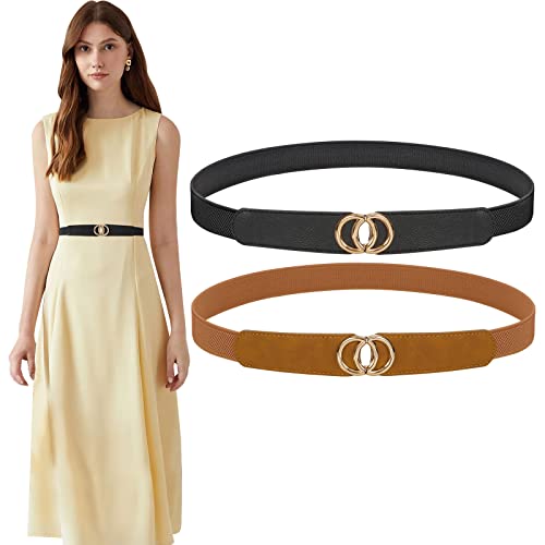 Cowboyguru 2 Pack Women Skinny Elastic Belts With Gold Buckle Stretchy Thin Black Belt For Women Dresses #TOP12