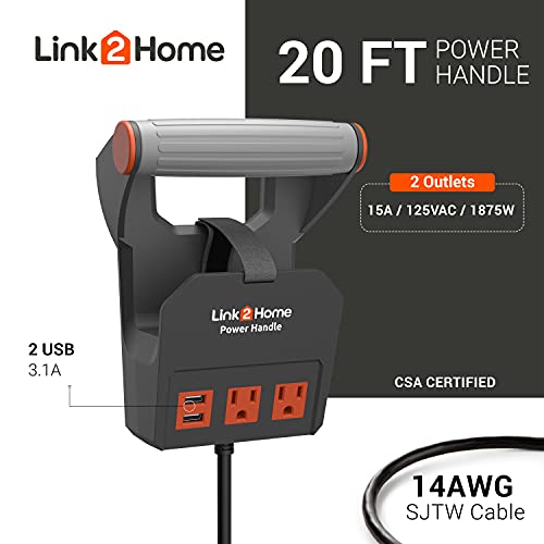 Link2Home 20 Ft. Power Handle Extension Cord W/ 2 Outlets & 2 USB Ports - Wall Bracket & Hardware Included - Thumbnail 2