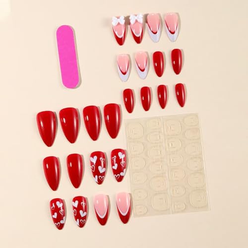 Image of French Tip Press on Nails Red Fake Nails Medium Almond False Nail with 3D Bow Design Nude Glue on Nails Glossy Acrylic Full Cover Heart Stick on Nail for Women Valentine's Day Manicure