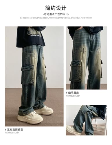 Jeans Pants Trousers Denim Vintage Workwear with Men's Design Sense Multiple Pockets Loose Straight Leg3