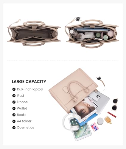 Image of LOVEVOOK Laptop Tote Bag for Women, Office Work Bag Briefcase fit for 15.6 inch Laptop, Large Capacity Teacher Computer Bag Handbag,2pcs Set, Leather /Apricot