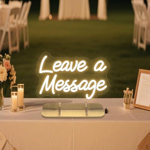 Image of Leave a Message Neon Sign With Holder Base, Neon Guestbook Table Signs for Wedding Shop Business Desk Decor Reception Welcome Dimmable Led Sign, Warm White USB Neons Light