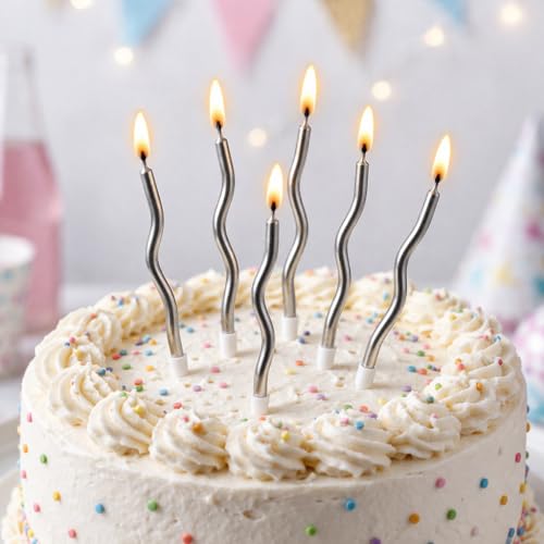 Image of Unscented Party Twisty Metallic Silver Spiral Candles - 6Pcs, Twisty Candles for Birthday, Baby Shower, Wedding Anniversary Party & Cake Decoration
