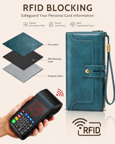 Image of Womens Wallet Rfid Blocking Bifold Leather Wristlet Cute Long Clutch Blue | Large Capacity Card Holder Wallet Purse with Zipper,ID Window,Strap for Female Ladies Teen Girls