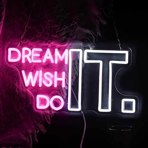 Image of Dream It Wish It Do It Neon Sign Dimmable Letters Neon Light Signs for Wall Decor USB Power Pink White Neon Light for Bedroom Led Neon Sign for Studio Office Bar Gifts