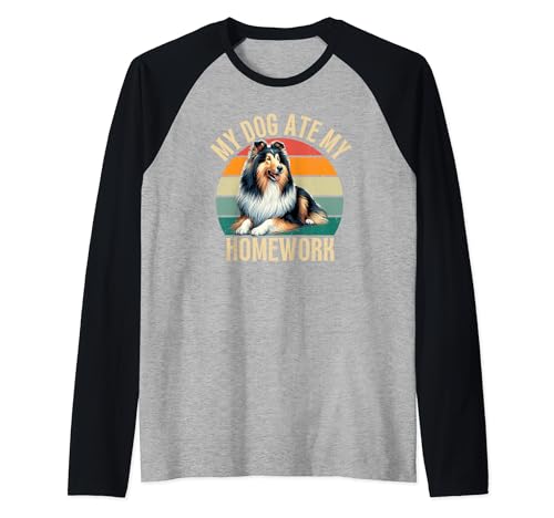 My Dog Ate My Homework Funny Retro Rough Collie Dog Owner Raglan Baseball Tee