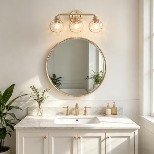 Image of Bathroom Light Fixtures Gold Vanity Light 3 Light Wall Sconces Lighting Brushed Brass Lights with Hammered Globe Glass Shades Bath Wall Lamp for Mirror Living Room Bedroom Hallway