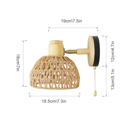 Aplique de pared trenzado de cuerda y madera con interruptor E27 5