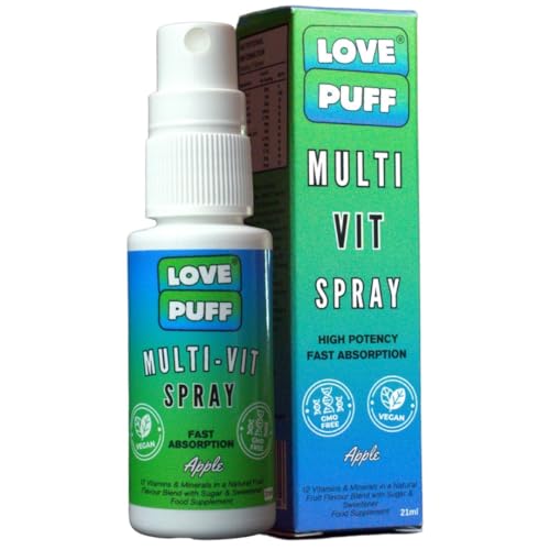 Vitamin D Spray for Energy and Immune Support | Fast-Absorbing 13 Essential Minerals, B, C, E, A and Vitamin D3 and K2 Spray | Adults Multivitamin VIT D Spray | Apple | 21ml | LOVE PUFF