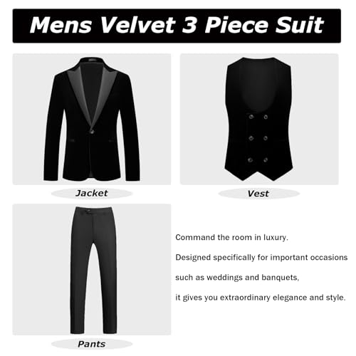 Mens Velvet Suit 3 Piece Slim Fit Tuxedo Peak Lapel Formal Blazer One Button Jacket Vest Pants for Prom Wedding2