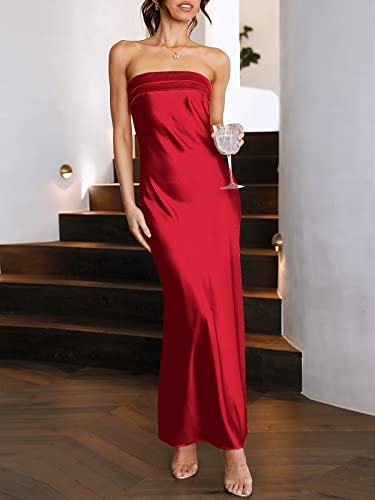 Image of ANRABESS Women Wedding Guest Maxi Dress Strapless Satin Tube Bodycon Backless Cocktail Formal Dresses 2025 Fall
