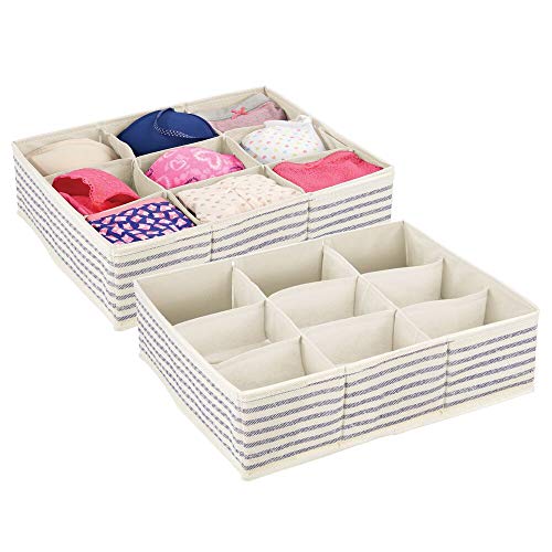 mDesign Juego de 2 organizadores de cajones con diseño de Rayas – Cajas organizadoras con 9 apartados para Guardar Ropa – Separadores de cajones para Ropa Interior, Mallas, Joyas, etc. – bambú y Azul
