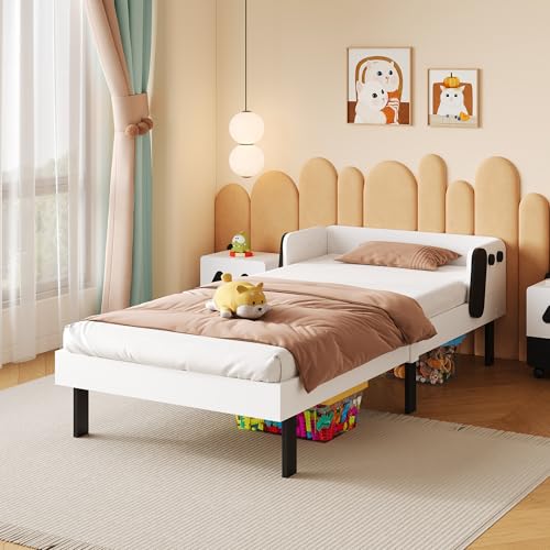 QMTXBYJ Cama infantil 90 x 200 cm, cama individual 90 x 200, cama infantil, cama individual, cabecera con riel de seguridad lateral para niñas y niños, marco de camas individual con somier de madera