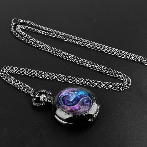 Image of Purple Dragon Design Glass Dome Exquisite Small Black Quartz Pocket Watch with Arabic Numerals Dial and Chain Ideal Gift for Any Occasion