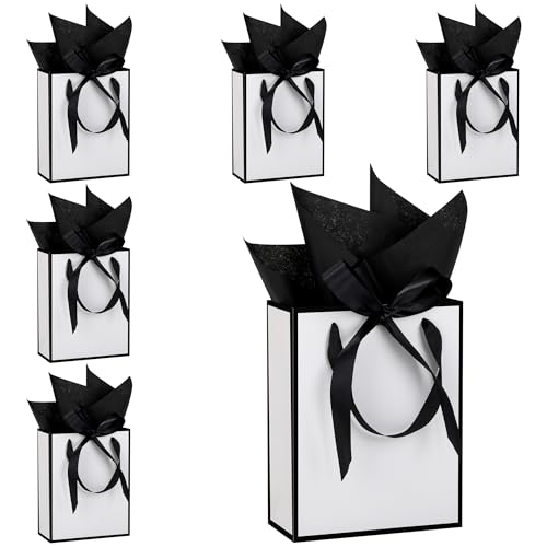STOBOCTER 6 Pcs Thank You Gift Bags with Handles and Tissue Paper 9 x 7 x 3. 15 Elegant Welcome Gift Bags with Bow Ribbon for Wedding Bridal Baby Shower Housewarming Birthday Party(White Black)