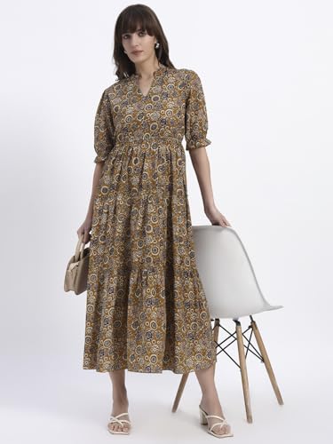 Image of Women's Fit and Flare Dress I Pure Cotton Long Summer Maxi Dress I V-Neck I Casual Wear I Printed Kalamkari Floral Middi