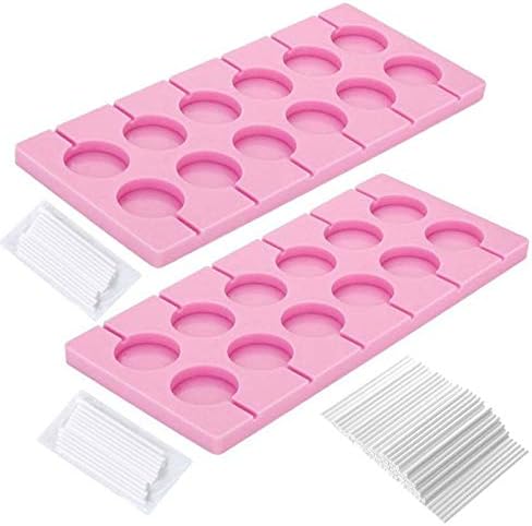 V-fox 2x12-Capacity Round Chocolate Hard Candy Silicone Lollipop Molds with 140 count Lollypop Sucker Sticks for Halloween Christmas Parties