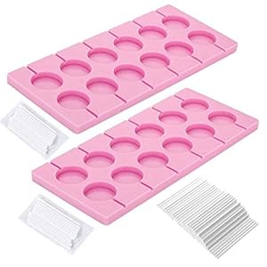 V-fox 2Pcs 12-Capacity Round Chocolate Hard Candy Silicone Lollipop Molds with 140 Count Lollypop Sucker Sticks for Halloween Christmas Parties