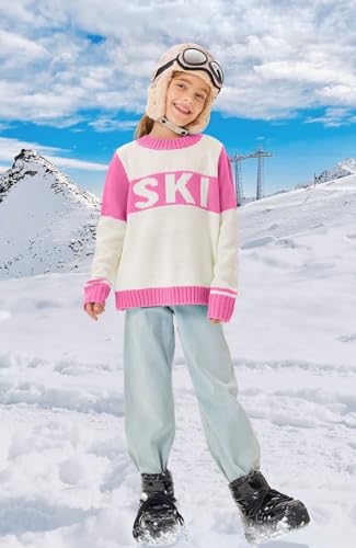 Image of Yousify Girl's Ski Sweater Color Block Striped Long Sleeve Spring Fall Winter Knitted Pullover Jumper Tops 5-14 Years