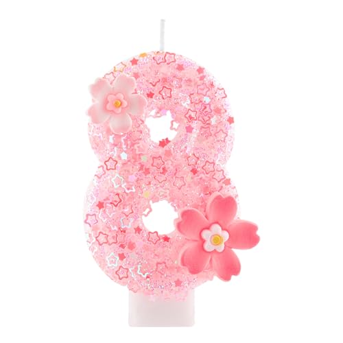 Hongplus Cherry Blossom Pink Number 8 Birthday Candle, 2.8in Cute Shiny Happy 8th Birthday Candle with Tray & Stick Girls 8 Candle for 8 Birthday Ideal Birthday Parties Cake Decoration & Gifts