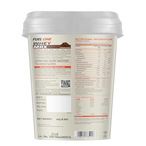 FUELONE Whey Max, Whey Protein Concentrate & Whey Protein Isolate, 27g Protein (Chocolate, 4kg / 8.8 lbs)