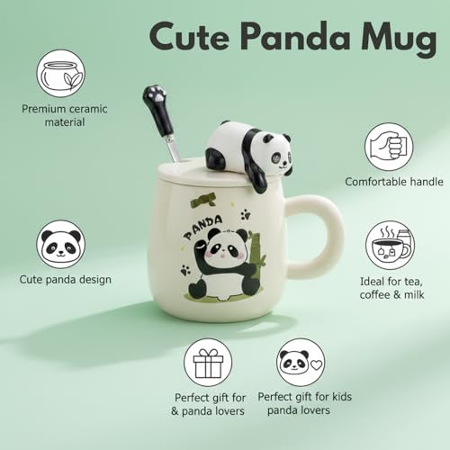 Image of NYRWANA Coffee Mug, Birthday Gifts for Women, Mugs for Present, Rakshabandhan Gift for Brother & Sister, Ceramic Mug, Cute Coffee Mugs, Panda Mug with Lid & Spoon (Assorted-350 ml)