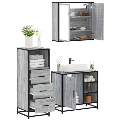Hoopleep Sonoma Grey 3-Piece Bathroom Furniture Set, Wood, M