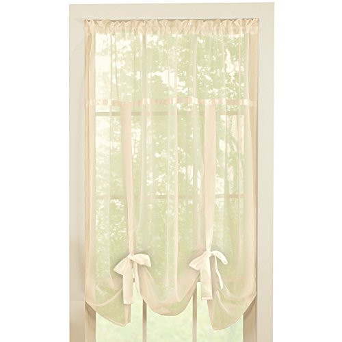 Collections Etc Solid Sheer 58" x 64" Rod Pocket Tie-Up Window Curtain with Satin Ribbons, Cream