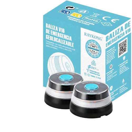 RAYKONG Baliza V16 Geolocalización DGT | Luz Emergencia Coche Homologada y Conectada DGT 3.0 | SIM y Datos Pagados hasta 12/2038 | 2 Unidades