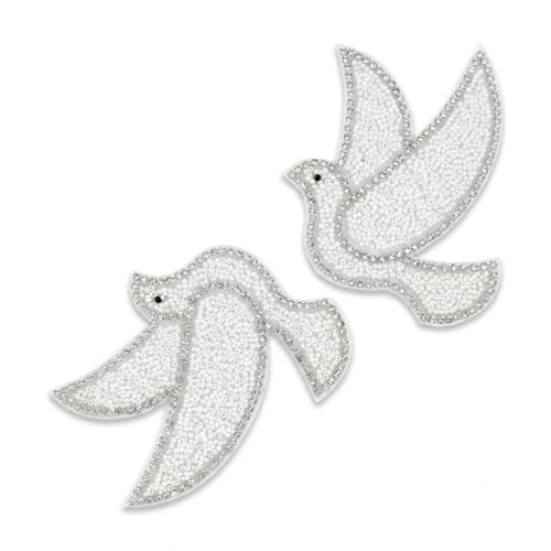 Image of Flying Pigeon Applique Patch Embroidered with White Pearl Stone & Zardosi Work on Fabric, 3.8 x 7 cm, Pack of 4, for Sarees, Dresses, Dupattas & Crafts Fabric Embellishment (Flying Pigeon)