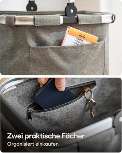Praknu Einkaufskorb Faltbar Klein – 2 in 1 Erweiterbar 15L auf 25L – Abnehmbarer & Waschbarer Bezug – Stabil mit Alurahmen & Verstärktem Boden – Extra Fächer innen & außen – Tragekorb – Grau