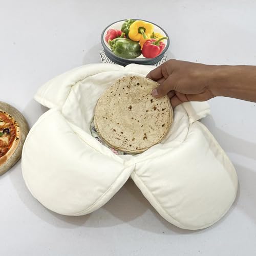 Swayam 100% Cotton Cloth Roti Casserole | Hot Chapati Box, Washable with Chain | Bread Basket White Colored and Floral Design | Pack of 1