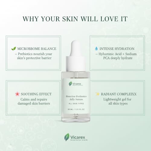 VICAREX Prebiotics Face Serum, Bioactive Jelly Serum For Skin Barrier Repair & Hydration, Balancing & Nourishing Skincare with Natural Ingredients, Lightweight Glow Serum, 1.01 fl oz