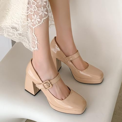 Alyaafifa High Heel Platform Pumps for Women Ankle Strap Chunky Heel Mary Janes Square Closed Toe Leather Suede Dress Shoes Office Lady Party Event Prom Wedding3