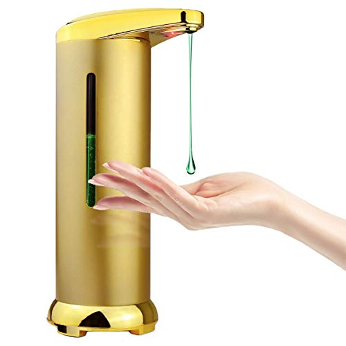 ausuky Dispensador automático de jabón con sensor de acero inoxidable sin contacto, sensor de movimiento infrarrojo inteligente, acabado dorado