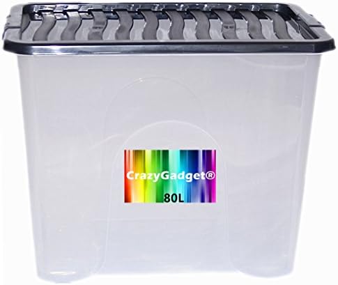 CrazyGadget Large Big Plastic Storage Clear Box with Lid Strong Stackable Container Made In U.K. - Set of 5 (80L)