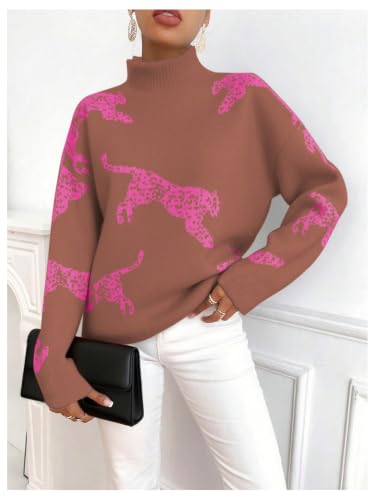 Image of WDIRARA Women's Leopard Tiger Print Sweater High Neck Long Sleeve Fuzzy Knitted Pullover Top