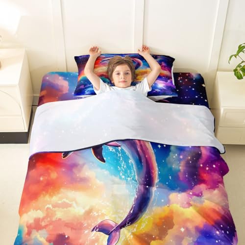 Image of jejeloiu Dolphin Bed Sheets Set Full Size Sea World Bed Set for Kids Boys Girls Tropical Ocean Deep Pocket Fitted Sheet Marine Life Breathable Soft Lightweight Microfiber