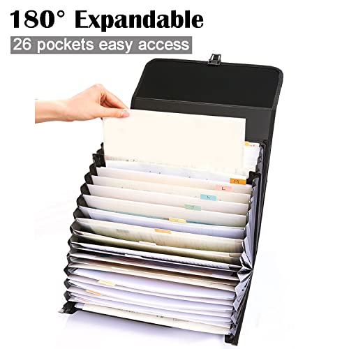 26 Pockets Accordion File Organizer With Durable Handle, Tranbo Letter Size/A4 Expanding File Folder, Portable Paper Organizer, Expandable Plastic Document Organizer For Travel School Office - Black #TOP1