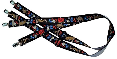 Preisvergleich Produktbild Schwarze Hosenträger / Wanderer-Motiv / Rucksack, Edelweiß, Steinbock, Adler, Blumen / Damen und Herren / One Size 120 cm / Anzug-Hosenträger / Arbeitskleidung-Hosenträger / Teichmann
