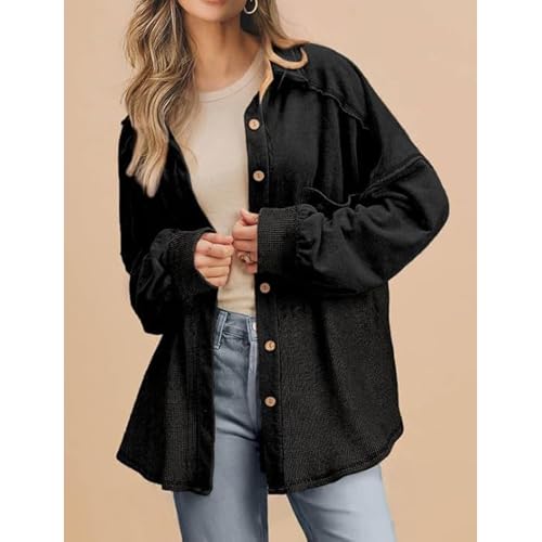 Womens Lightweight Jackets Waffle Knit Shirt Jacket Fall Fashion Button Down Shirt Jacket Loose Fit Long Sleeve Tops2
