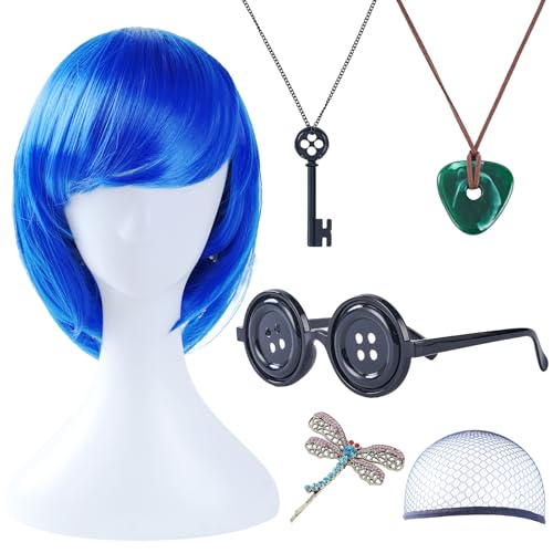 ANZWTLOYY Blue Bob Wig Button Eyes Glasses Key Necklace Green Stone Necklace Dragonfly Hair Clips Halloween Costume Set