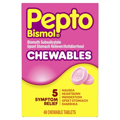Pepto Bismol Chewable Tablets, Upset Stomach Relief, Nausea Relief, Heartburn Relief, Indigestion Relief, Anti Diarrhea Medication for Adults - 5 Symptom Relief, 48 ct