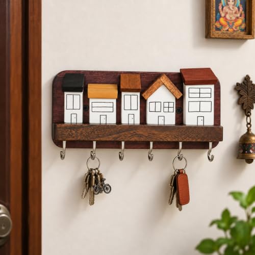 Image of 'Street' Hand Painted Wooden Key Holder for Home (4 Types of Wood). Key Hangers for wall Key Holder Stand Key Stand for wall Keychain Holder for wall (Street) Black (Houses)